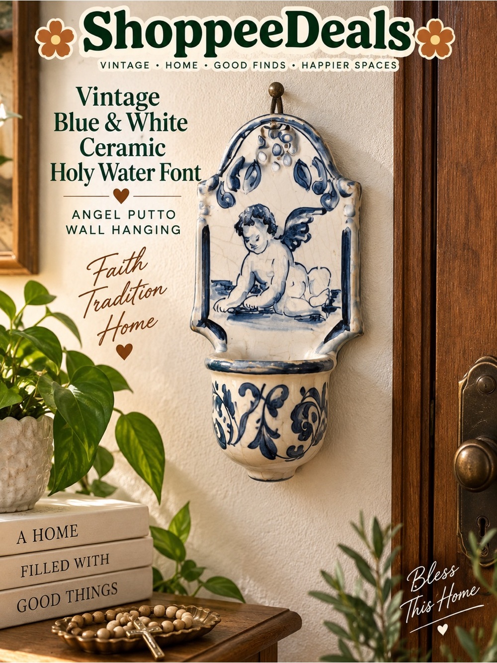Vintage Blue & White Ceramic Holy Water Font Angel Putto Wall Hanging